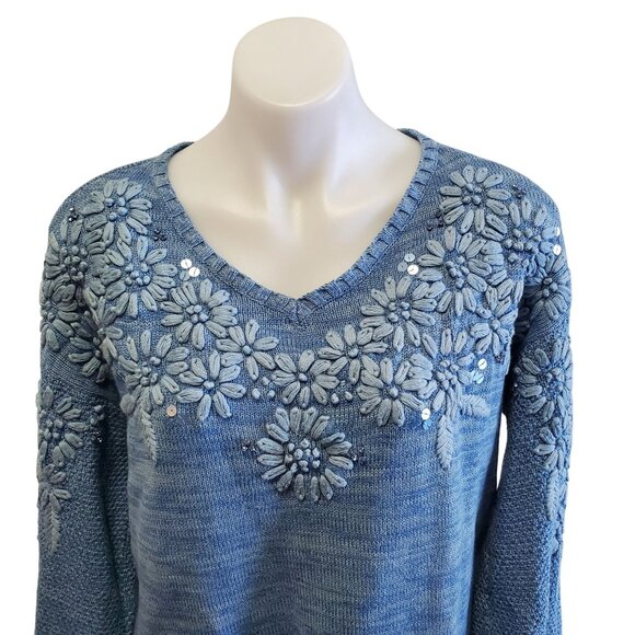Soft Surroundings Blue Embroidered Floral Cotton Knit Sweater V-Neck Size Med - Picture 2 of 12